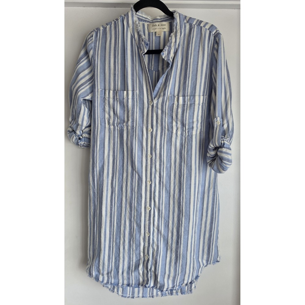 Cloth & Stone Button-Down Shirt Dress S Blue White Striped Coastal Linen